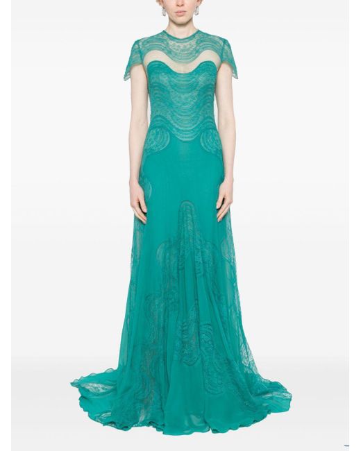 Costarellos Green Floral-Lace Silk Maxi Dress