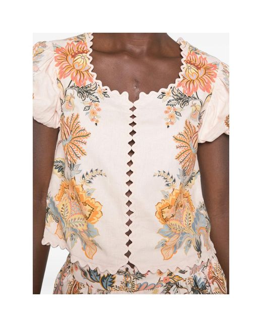 Farm Rio Pink Floral-Print Scallop-Edge Top