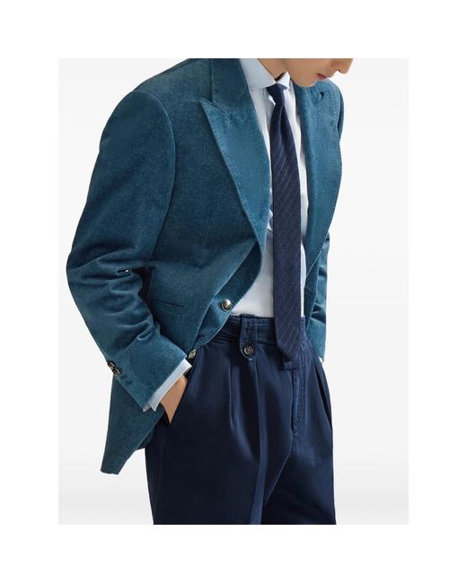 Brunello Cucinelli Blue Denim-Effect Cotton Velvet Tailor Blazer With Peak Lapels for men