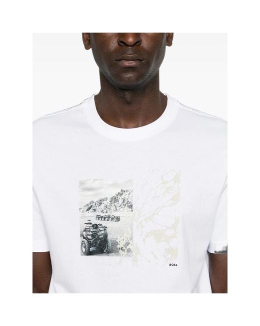 Boss White Graphic-Print T-Shirt for men
