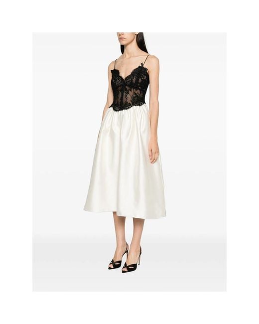 Self-Portrait White Lace-Bodice Flared Midi Dress