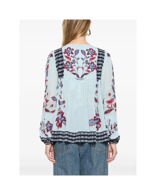 Farm Rio Blue Marcelle Floral-Print Pleated Blouse