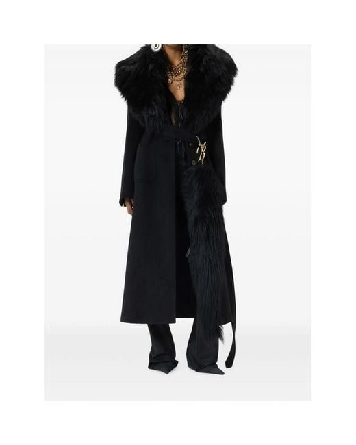 Blumarine Black Shearling-Collar Charm-Detail Coat