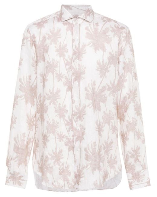 Barba Napoli White Palm-Tree Print Linen Shirt for men