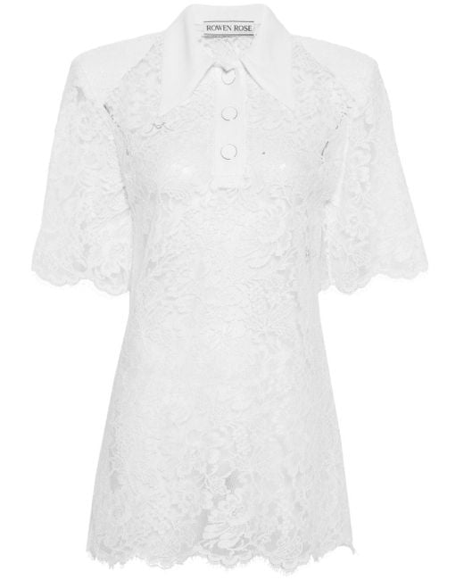 ROWEN ROSE White Floral-Lace Polo Top