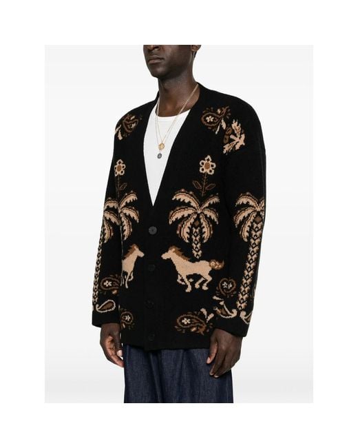 Alanui Black Palm-Intarsia Knitted Cardigan for men