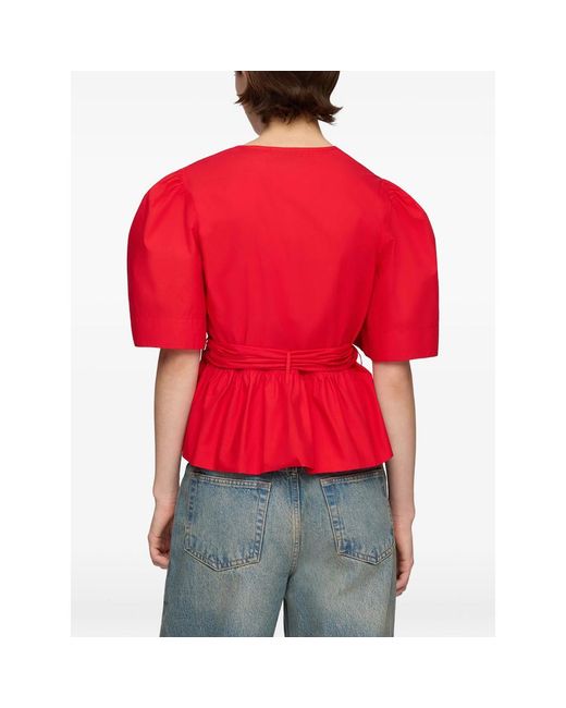 Ganni Red Cotton Poplin Bow Blouse