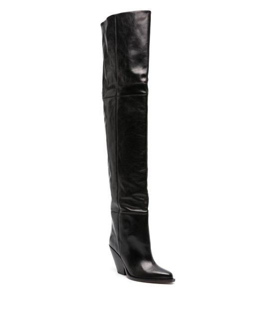 Isabel Marant Black 88mm Pointed Leather Knee High Boots
