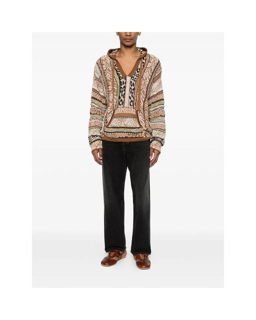 Laneus Brown Patterned Knitted Hoodie for men