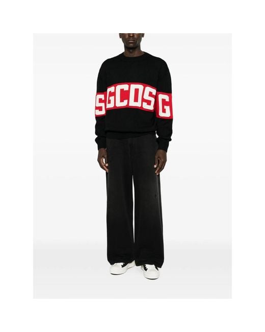 Gcds Black Logo-Intarsia Knitted Sweater for men