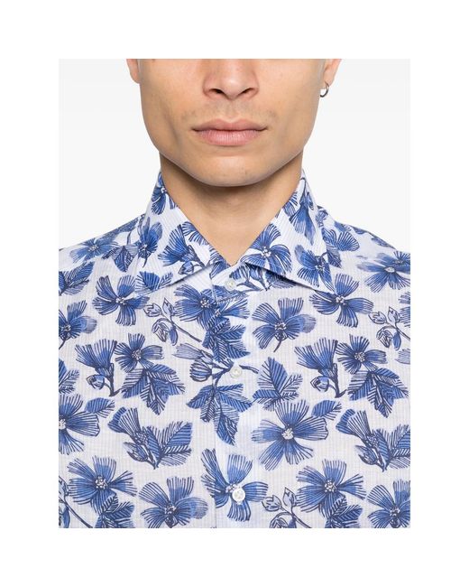 Isaia Blue Floral-Pattern Long-Sleeve Shirt for men