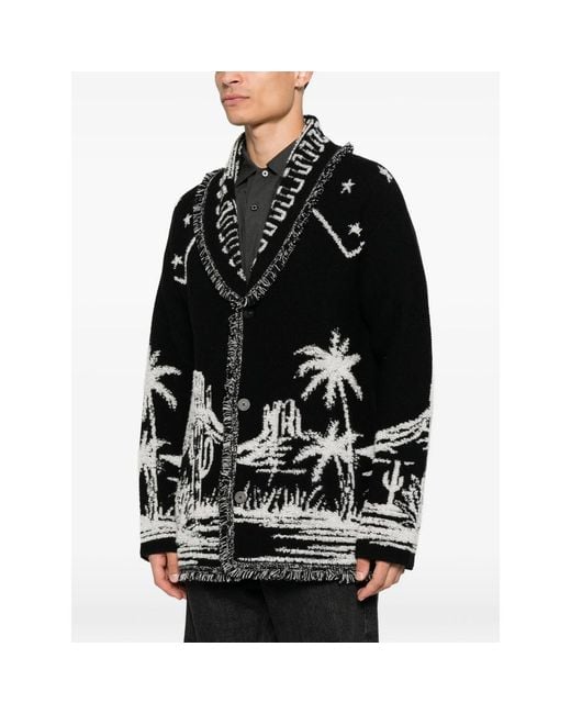 Alanui Black Intarsia-Knit Fringed Cardigan for men