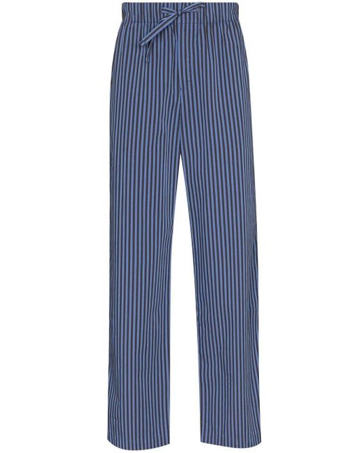 Tekla Blue Verneuil Stripe-Pattern Pajama Bottoms