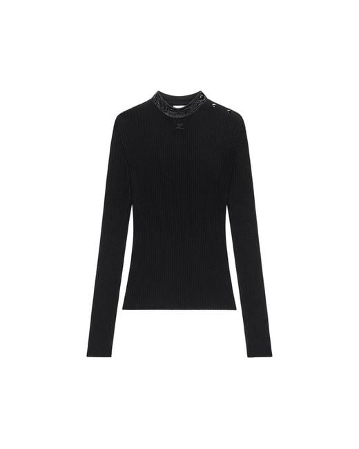 Courreges Black Vinyl-Collar Ribbed T-Shirt