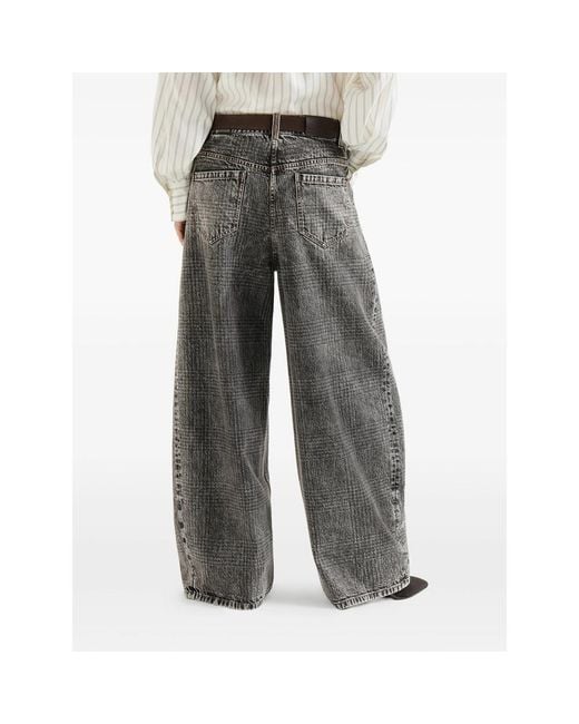 Brunello Cucinelli Gray Prince Of Wales Denim Wide Trousers With Monili