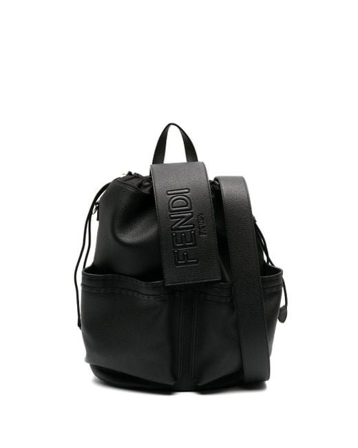 Fendi Black Logo-Embossed Leather Backpack for men