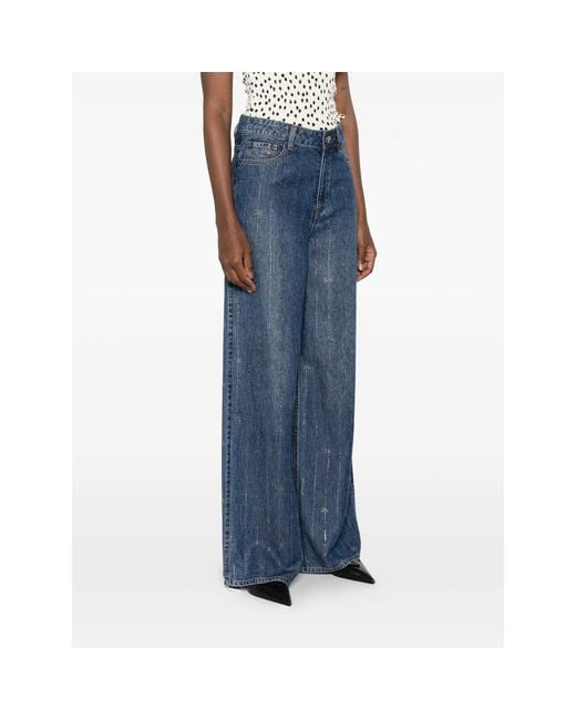 Self-Portrait Blue Rhinestone-Embellished Wide-Leg Jeans