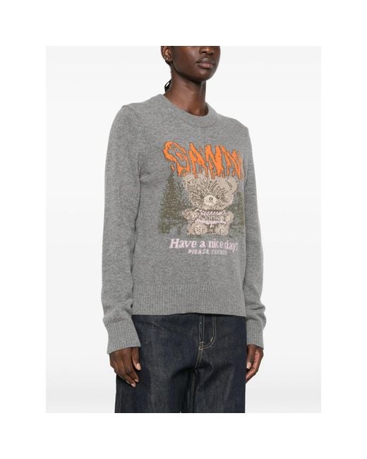 Ganni Gray Graphic-Intarsia Sweater