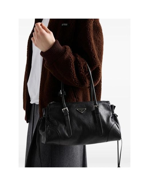 Prada Black Bonnie Medium Antiqued Leather Tote Bag