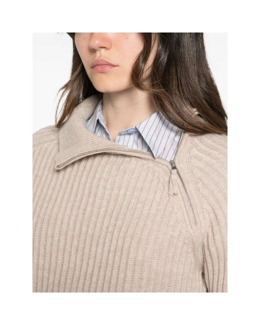Allude Natural Ribbed Zip-Neck Sweater