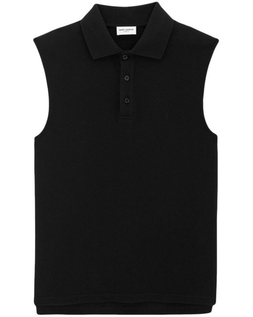 Saint Laurent Black Polo Shirt Sans Manches Broderie for men