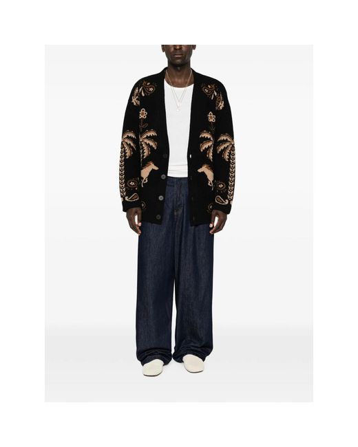 Alanui Black Palm-Intarsia Knitted Cardigan for men