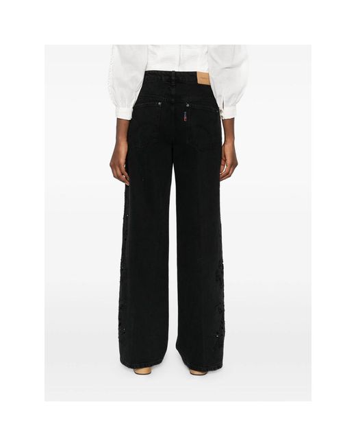 Farm Rio Black Floral-Appliqué Five-Pockets Jeans