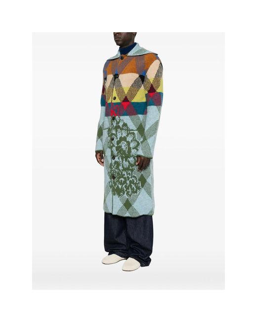 Dries Van Noten Blue Argyle Floral-Pattern Coat for men