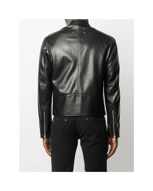 Maison Margiela Black Mock Neck Leather Jacket for men