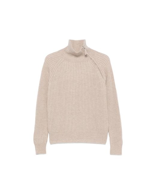 Allude Natural Ribbed Zip-Neck Sweater