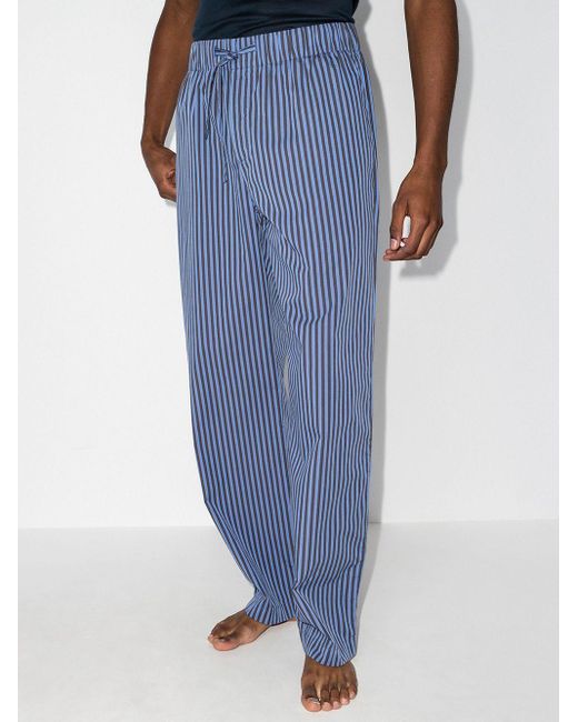 Tekla Blue Verneuil Stripe-Pattern Pajama Bottoms