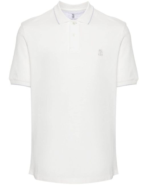 Brunello Cucinelli White Logo Cotton Polo Shirt for men