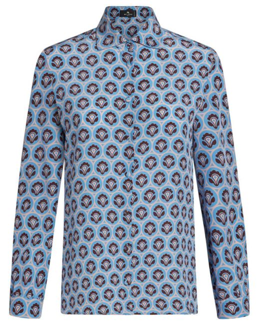 Etro Blue Abstract-Print Silk Shirt
