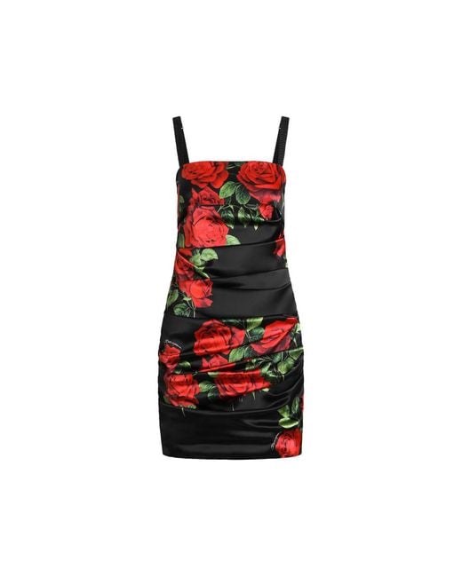 Dolce & Gabbana Red Rose-Print Satin Mini Dress