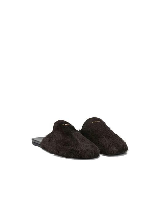 Prada Black Logo-Plaque Hair-Calf Mules