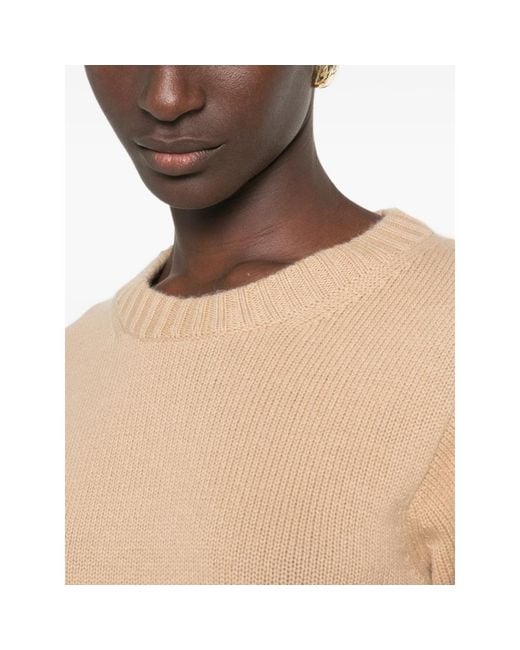 Allude Natural Ribbed-Trim Long-Sleeve Sweater
