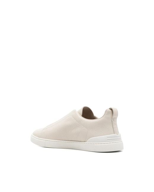 Zegna White Triple Stitch Grained Leather Sneakers for men