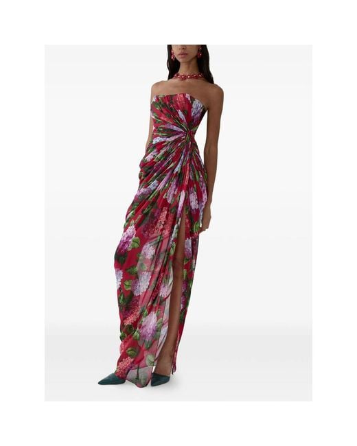 Carolina Herrera Red Strapless Draped Maxi Dress