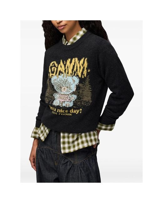 Ganni Black Jumper With Forest Teddy