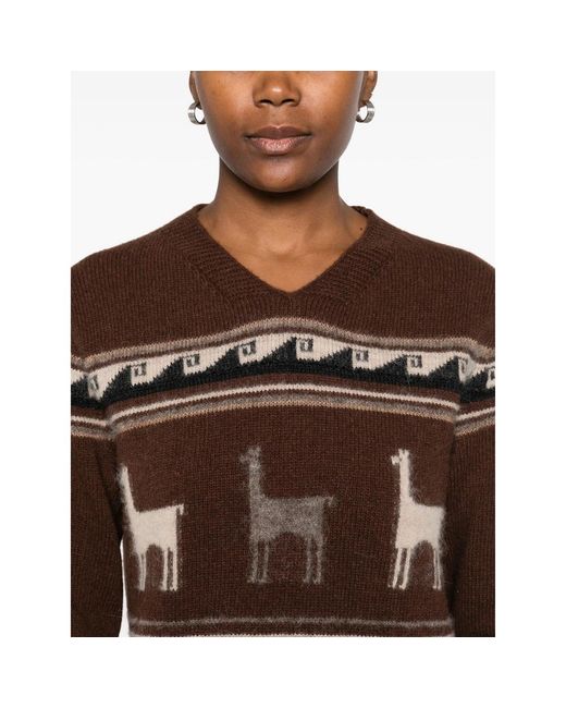Seafarer Brown Llama-Pattern V-Neck Sweater