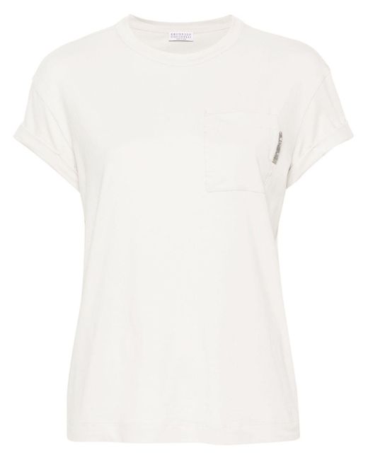 Brunello Cucinelli White Crystal-Embellished Short-Sleeve T-Shirt