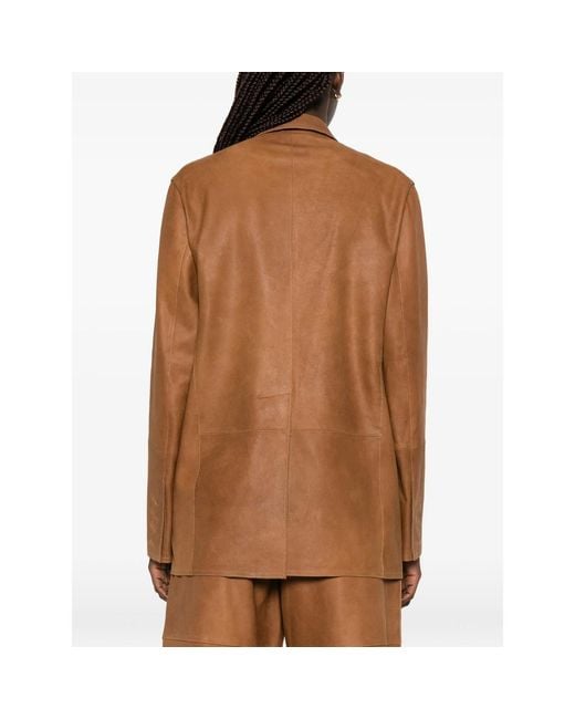 Tela Brown Notched-Lapel Leather Blazers