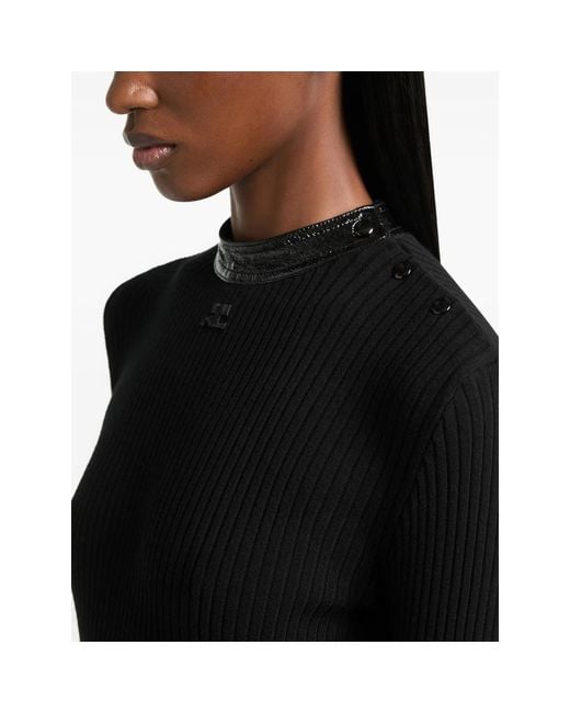 Courreges Black Vinyl-Collar Ribbed T-Shirt