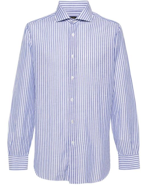 Barba Napoli Blue Striped Cotton Linen Shirt for men