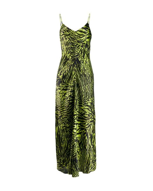 Ganni Green Tiger Print Silk Blend Satin Slip Dress
