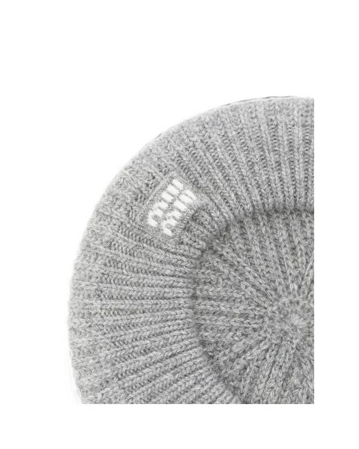 Miu Miu Gray Logo-Embroidered Ribbed-Knit Beret