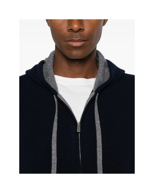 Fedeli Blue Davis Zip-Up Drawstring Knitted Hoodie for men