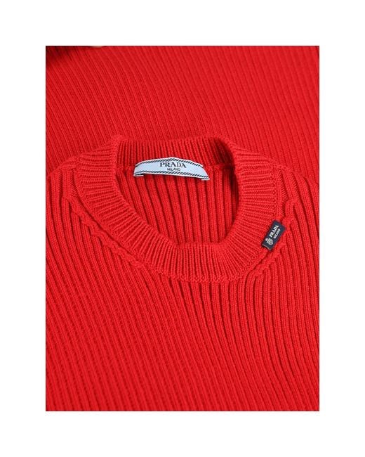 Prada Red Ribbed-Knit Short-Sleeve Sweater