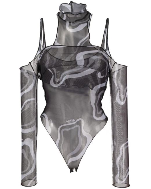 Julfer Gray Janet Semi-Sheer Layered Bodysuit