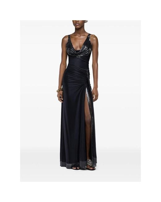 Rabanne Black Mesh-Panel Cowl-Neck Maxi Dress